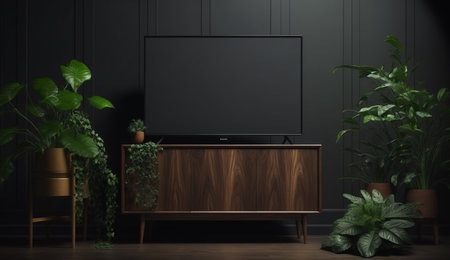 An eye catching illustration of "Cabinet TV in empty interior room, dark wall with wood shelf, lamp, plants and table wood". Created using Generative AI tools.の素材