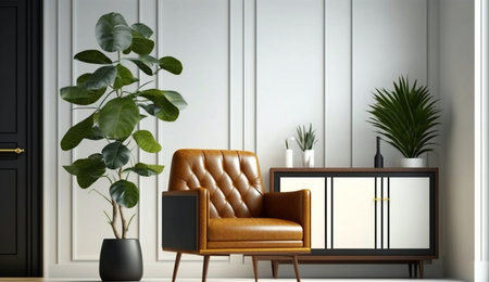 An eye catching illustration of "Mock up cabinet in modern living room with leather armchair and plant on white wall background". Created using Generative AI tools.の素材