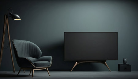An eye catching illustration of "Mockup a TV wall mounted in a dark room with armchair on dark wall background". Created using Generative AI tools.の素材