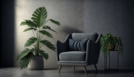 An eye catching illustration of "Mock up modern living room with armchair and plant on concrete wall background". Created using Generative AI tools.の素材