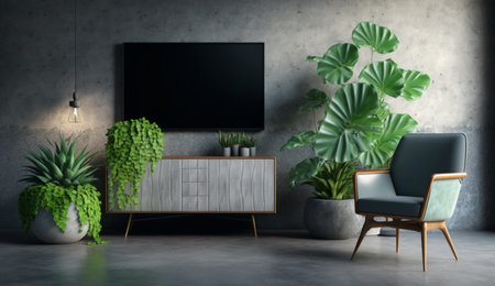 An eye catching illustration of "Cabinet TV in modern living room with armchair, lamp, table, flower and plant on concrete wall background". Created using Generative AI tools.の素材