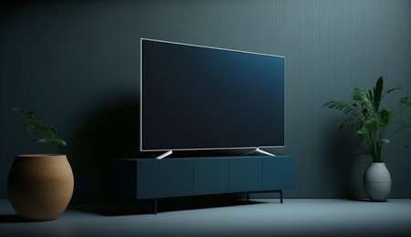An eye catching illustration of "Mockup tv on cabinet in modern empty room at night with behind the dark blue wall". Created using Generative AI tools.の素材