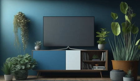 An eye catching illustration of "TV on the cabinet in modern living room have plants and book on blue wall background". Created using Generative AI tools.の素材