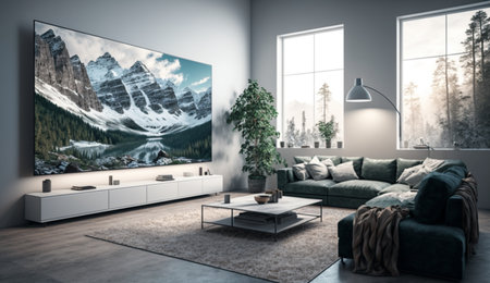 An eye catching illustration of "Wall for tv in living room, white walls". Created using Generative AI tools.の素材