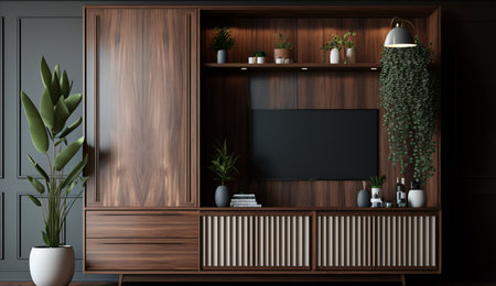 An eye catching illustration of "Cabinet designs for living room on wooden wall background". Created using Generative AI tools.の素材