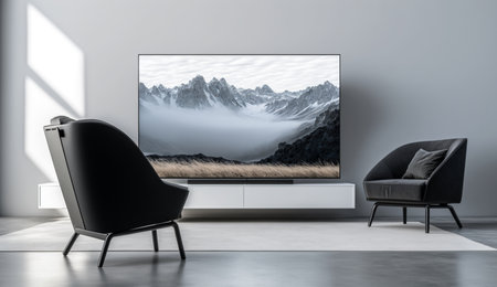 An eye catching illustration of "Smart TV on the white wall in living room with armchair and sofa, minimal design". Created using Generative AI tools.の素材