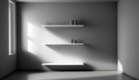 An eye catching illustration of "Shelf in modern empty room, minimal design". Created using Generative AI tools.の素材