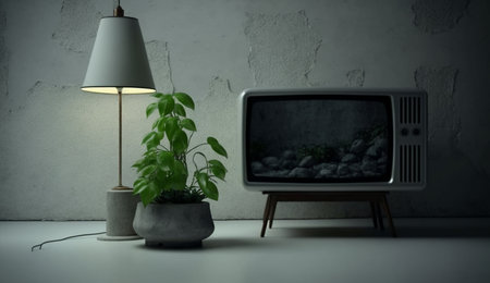 An eye catching illustration of "TV on cement stand in modern living room with lamp, table, flower and plant on cement wall background". Created using Generative AI tools.の素材