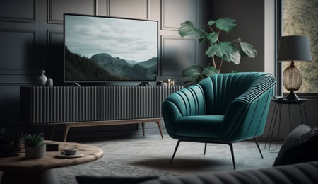 An eye catching illustration of "Modern living room interior armchair, TV on cabinet in modern living room". Created using Generative AI tools.の素材