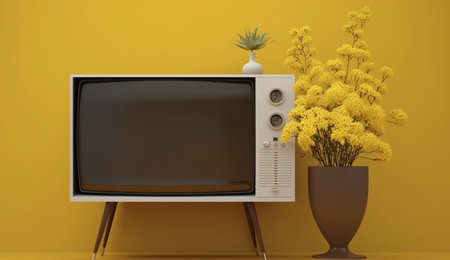 An eye catching illustration of "TV on cabinet in modern living room with lamp, table, flower and plant on yellow wall background". Created using Generative AI tools.の素材