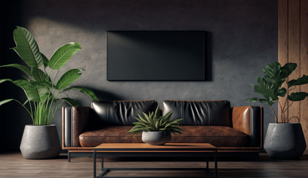 An eye catching illustration of "Leather sofa and a wooden table in living room interior with plant, concrete wall for TV". Created using Generative AI tools.の素材
