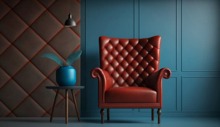 An eye catching illustration of "Interior wall mockup in blue tones with red leather armchair on dark wall background". Created using Generative AI tools.の素材