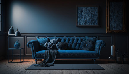 An eye catching illustration of "Dark living room, Blue sofa on wooden flooring and black wall". Created using Generative AI tools.の素材