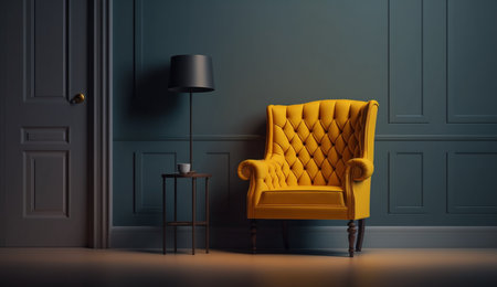An eye catching illustration of "The interior has a yellow armchair on empty dark wall background". Created using Generative AI tools.の素材