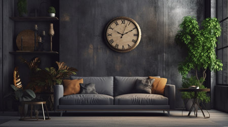 An eye catching illustration of "Style loft interior with gray sofa and decoration accessories on dark cement wall". Created using Generative AI tools.の素材
