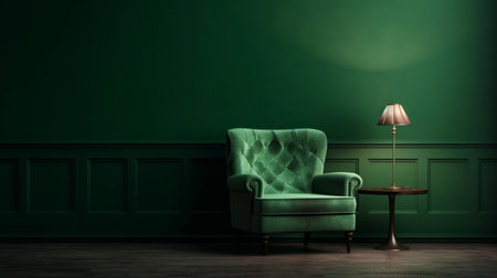 An eye catching illustration of "Living room with green armchair on empty dark green wall background". Created using Generative AI tools.の素材