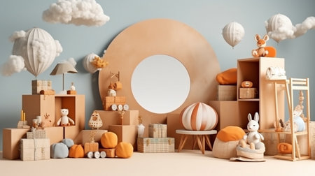 An eye catching illustration of "Mockup podium for product in children room, kids room". Created using Generative AI tools.の素材