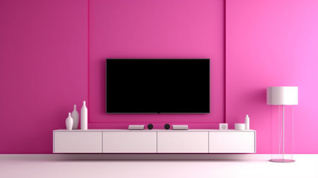 An eye catching illustration of "TV on the cabinet in modern living room on white viva magenta wall background". Created using Generative AI tools.の素材