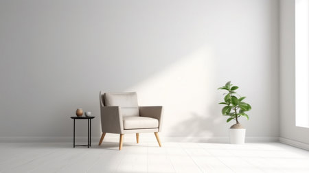 An eye catching illustration of "Modern minimalist interior with an armchair on empty white color wall background". Created using Generative AI tools.の素材
