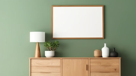 An eye catching illustration of "Mockup photo frame green wall mounted on the wooden cabinet". Created using Generative AI tools.の素材