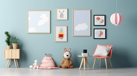 An eye catching illustration of "Mock up posters in child room interior, posters on empty blue wall background". Created using Generative AI tools.の素材
