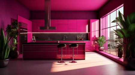 An eye catching illustration of "Modern style kitchen interior design with viva magenta wall background". Created using Generative AI tools.の素材