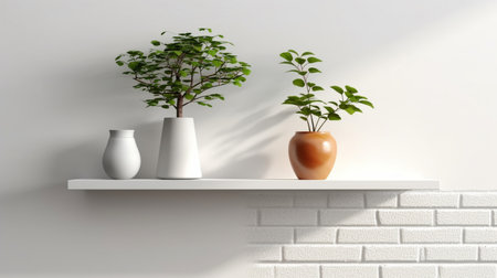 An eye catching illustration of "Wall mockup with Vase and green plant, White wall and shelf". Created using Generative AI tools.の素材