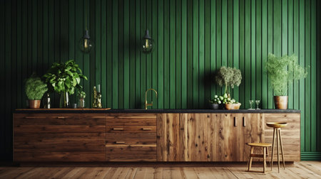 An eye catching illustration of "Green wall panelling with wooden cabinet in kitchen room". Created using Generative AI tools.の素材