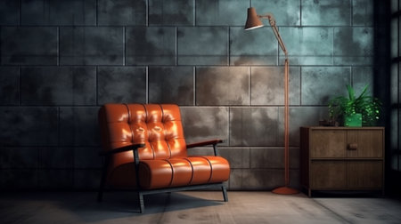 An eye catching illustration of "Style loft interior with leather armchair on dark cement wall". Created using Generative AI tools.の素材