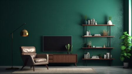 An eye catching illustration of "Modern interior of living room with armchair and cabinet for tv on dark green color wall background". Created using Generative AI tools.の素材