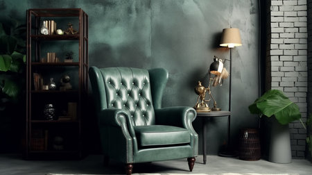 An eye catching illustration of "Style loft interior with gray armchair on empty dark green wall background". Created using Generative AI tools.の素材