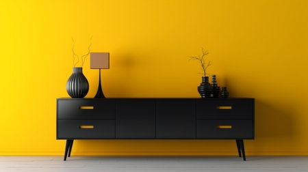 An eye catching illustration of "Black cabinet for tv interior yellow wall mockup". Created using Generative AI tools.の素材