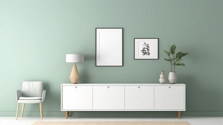 An eye catching illustration of "Mock up poster frame on cabinet in living room interior on empty green wall background". Created using Generative AI tools.の素材