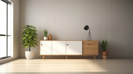 An eye catching illustration of "Cabinet mockup in modern empty room, white wall". Created using Generative AI tools.の素材