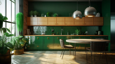 An eye catching illustration of "Green kitchen and minimalist interior design". Created using Generative AI tools.の素材