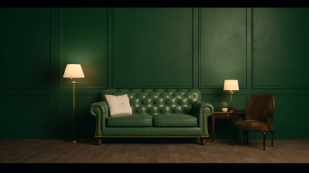 An eye catching illustration of "Light room with sofa and armchair on empty dark green wall background". Created using Generative AI tools.の素材