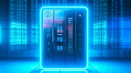 Cyber security concept and digital data protection with a locker in a blue background. Created by Generative AI Technology.の素材