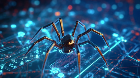 Cyber microchip spider networked on a digital data spider web mesh, artificial intelligence. Created by Generative AI Technology.の素材