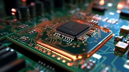 Electronic circuit board. Computer hardware. Created by Generative AI Technology.の素材