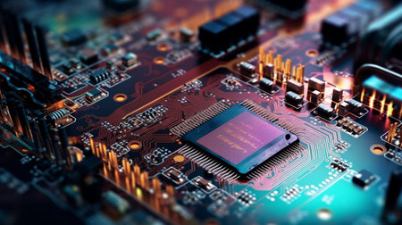Computer Ship Macro Photo, Electronic Chip, Motherboard Part, Abstract. Created by Generative AI Technology.の素材