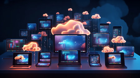 Connected Devices in the Cloud IoT, Smart Home, and Online Communication for Laptops, Tablets, and Phones. Created by Generative AI Technology.の素材