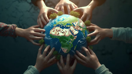 Teamwork and peace with group for climate change, future and eco friendly. Created by Generative AI Technology.の素材
