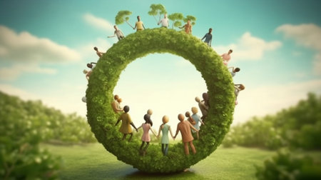 Teamwork and peace with group for climate change, future and eco friendly. Created by Generative AI Technology.の素材