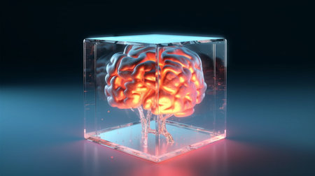 Glass cube with glowing brain inside. Created by Generative AI Technology.の素材