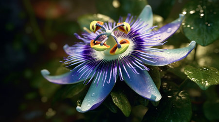 Blue Passion Flower Beautifully Bloomed. Created by Generative AI Technology.の素材
