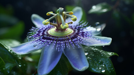 Blue Passion Flower Beautifully Bloomed. Created by Generative AI Technology.の素材