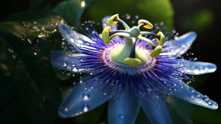 Blue Passion Flower Beautifully Bloomed. Created by Generative AI Technology.の素材