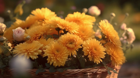 Basket of Gold flower beautifully bloomed with natural background. Created by Generative AI.の素材
