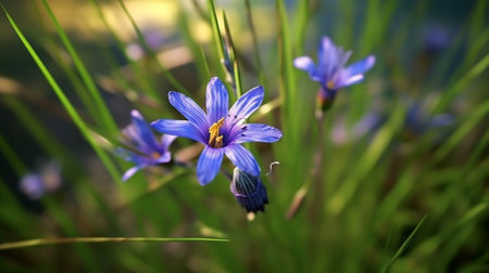 Blue-Eyed Grass flower beautifully bloomed with natural background. Created by Generative AI.の素材