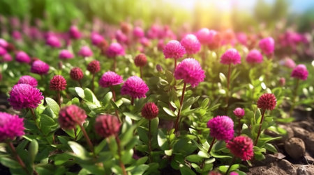Globe Amaranth flower beautifully bloomed with natural background. Created by Generative AI.の素材